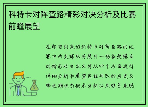 科特卡对阵查路精彩对决分析及比赛前瞻展望